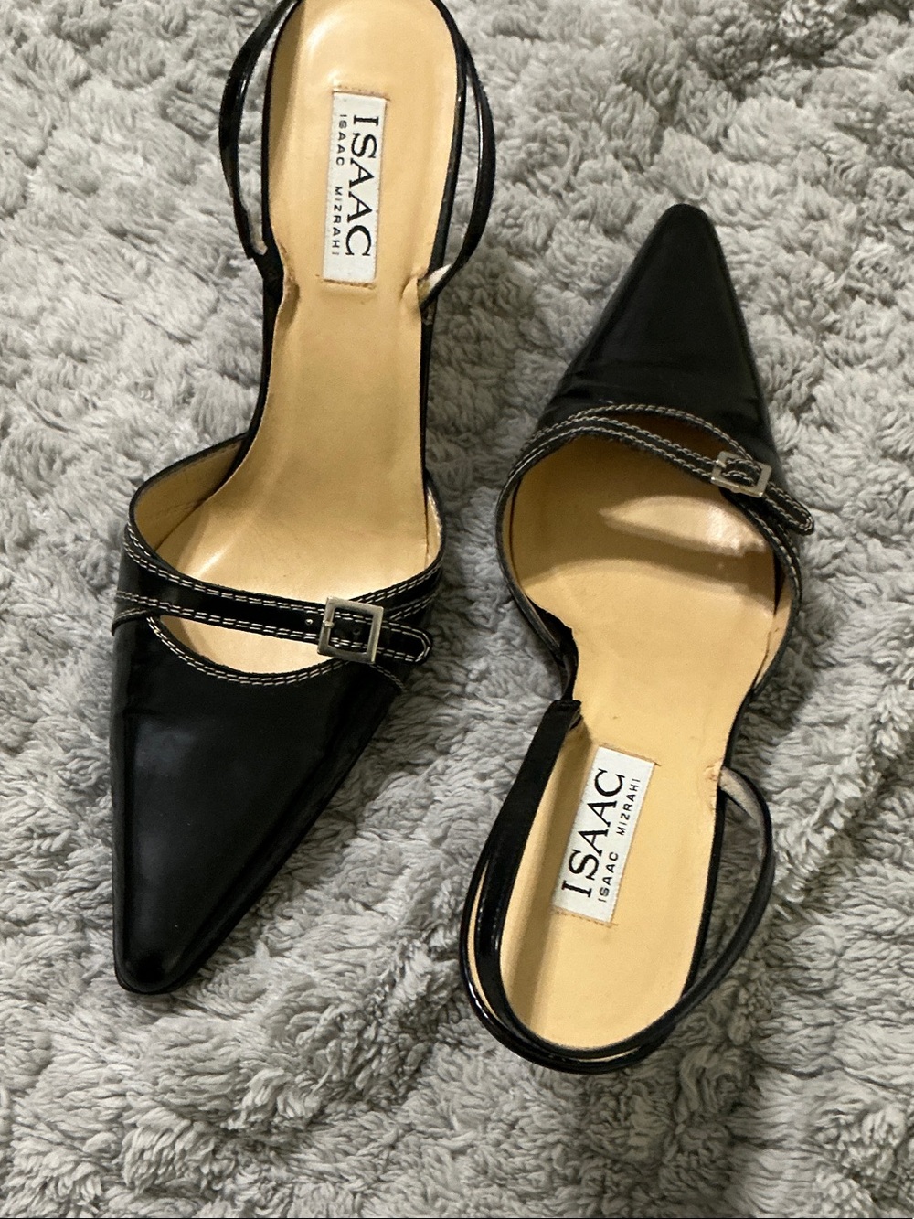 Isaac Mizrahi Black Pointed Slingback Pumps with Buckle Strap Accent
